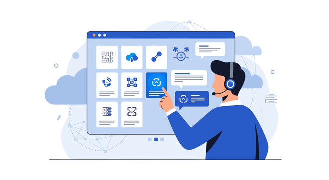 Customer Service Agent Interacting with Digital Interface and Cloud Icons