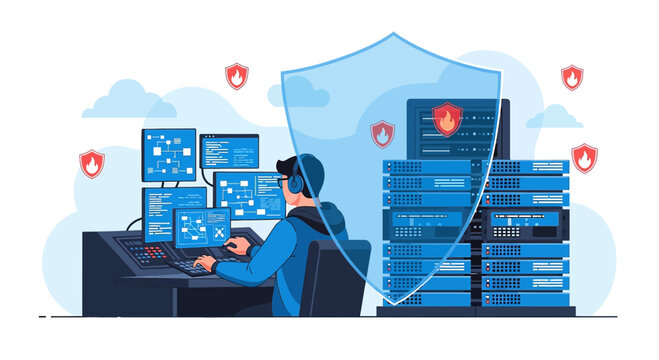 Cybersecurity professional working at server racks with protection shield