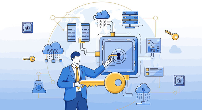 Cybersecurity concept: Man with key protecting digital vault, cloud data, servers