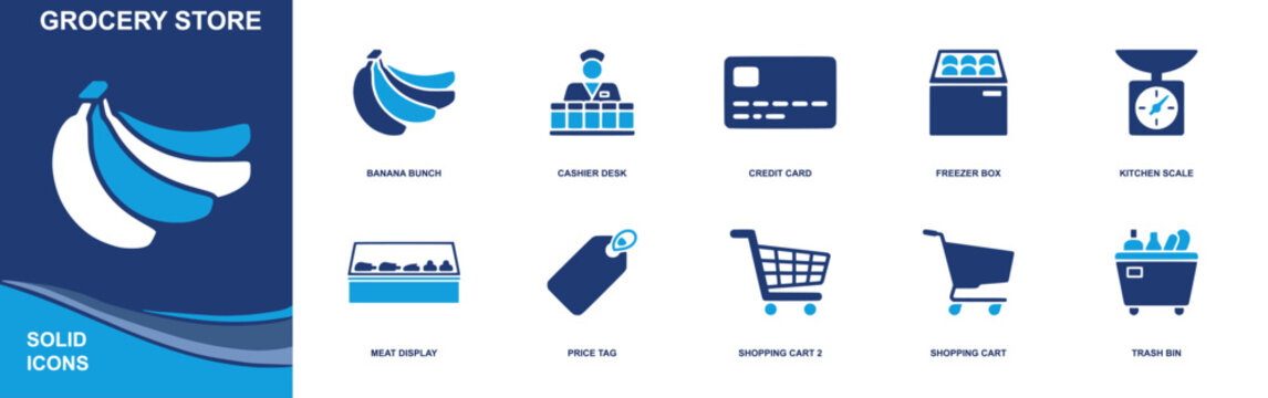 Grocery store icon set. Containing banana bunch, cashier desk, credit card, freezer box, kitchen scale, meat display, price tag, shopping cart, trash bin and more. Solid fill vector icons.