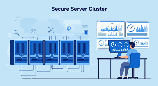 Cybersecurity Data Center: Server Rack, Analyst at Computer, Security Shields