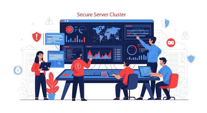 Cybersecurity Team Analyzing Data on Secure Server Cluster Dashboard