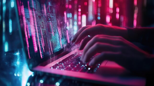 Digital technology, software development concept. Coding programmer, software engineer coding javascript on laptop computer screen, Agile development, digital technology