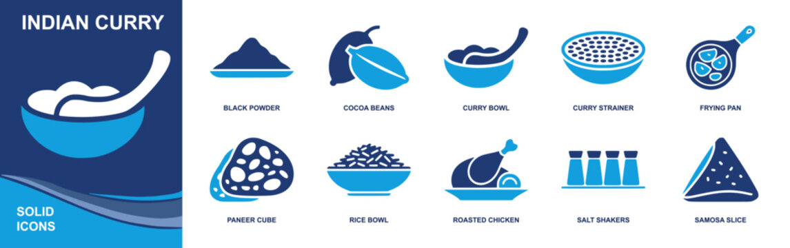 Indian curry icon set. Containing spice powder, cocoa beans, curry bowl, curry strainer, frying pan, paneer cube, rice bowl, roasted chicken, salt shakers and more. Solid fill vector icons.