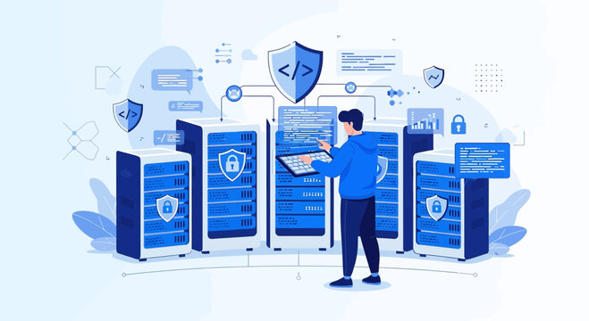Cyber Security Person Working with Server Rack, Data Protection Concept