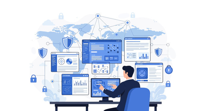 Cybersecurity Analyst Monitoring Network Security Data on Computer Screens