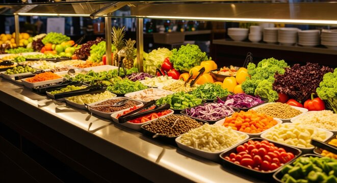 Salad Bar with Fresh Vegetables and Toppings Displayed