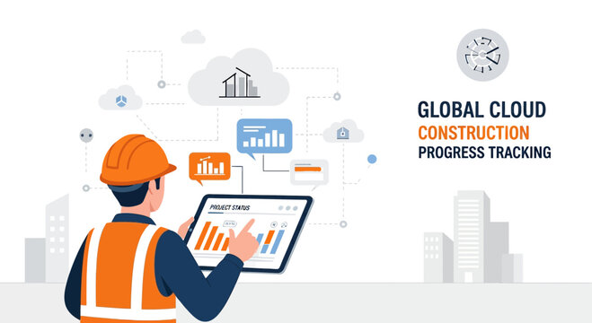 Construction worker using tablet for cloud progress tracking with city skyline background