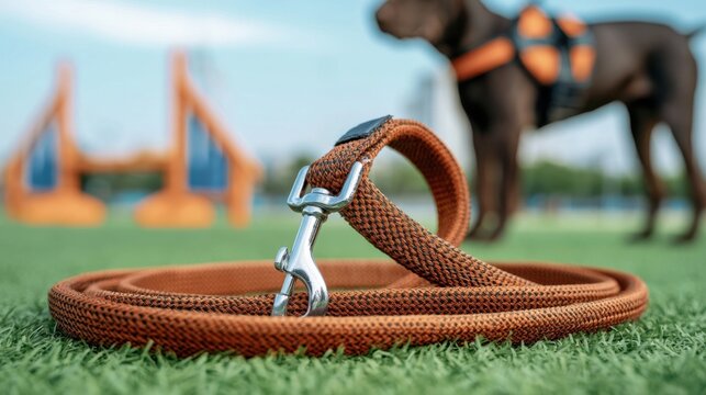 Close-up of orange dog leash rolled on green grass with blurred trainer and dog during outdoor training session on bright sunny day