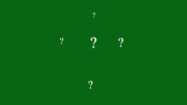 4k Pop up question mark flat and 2D on green screen alpha looping 4k confused effect raining question mark, question mark moving, Cartoon comic looping fly doodle question mark animation.