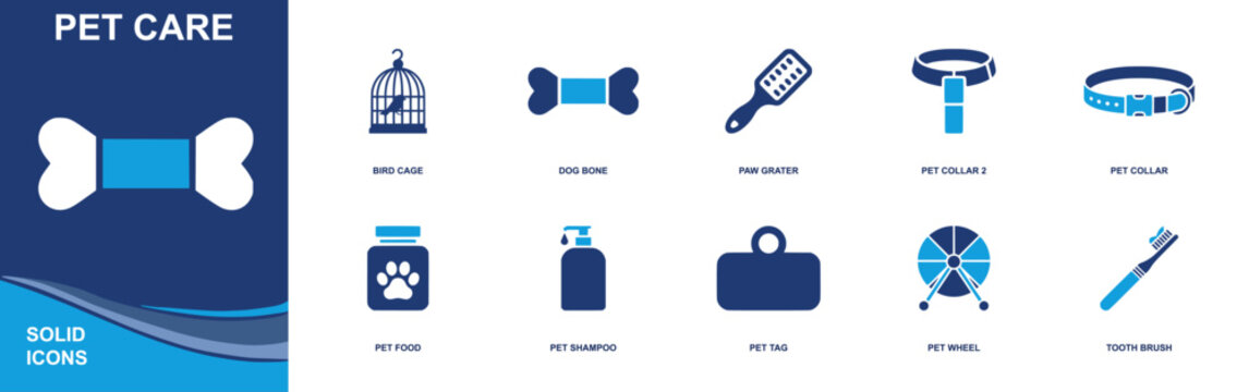 Pet care icon set. Containing bird cage, dog bone, grooming brush, pet collar, pet food jar, pet shampoo, pet ID tag, hamster wheel, pet toothbrush and more. Solid fill vector icons.