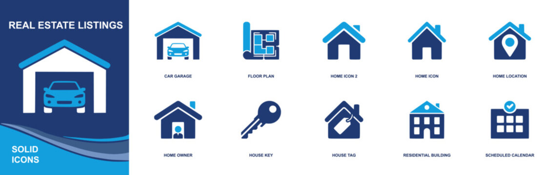 Real estate listings icon set. Containing car garage, floor plan, home, home location, homeowner, house key, house tag, residential building, calendar and more. Solid fill vector icons.