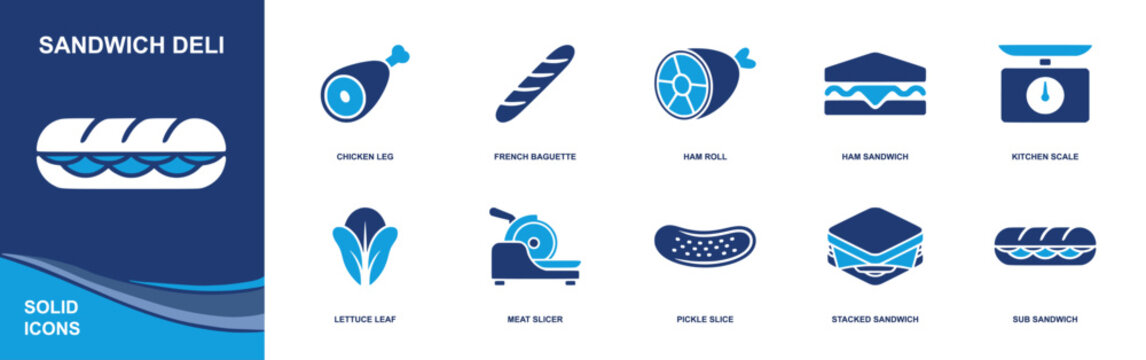 Sandwich deli icon set. Containing chicken leg, baguette, ham roll, ham sandwich, kitchen scale, lettuce leaf, meat slicer, pickle slice, sub sandwich and more. Solid fill vector icons.