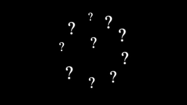 Question mark confused dizzy Pop up on black screen alpha looping 4k confused effect raining question mark, question mark moving, Cartoon comic looping fly doodle question mark video