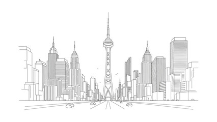 Obraz premium Hand drawn sketch illustration of Shanghai city skyline with Oriental Pearl Tower.