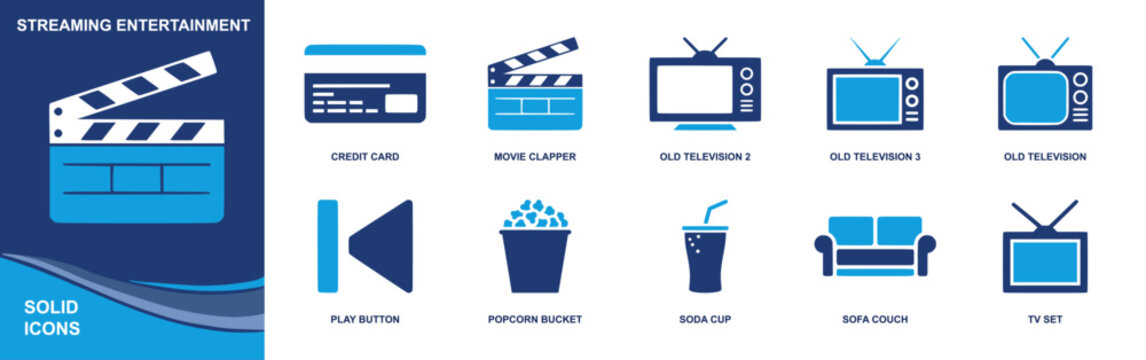 Streaming entertainment icon set. Containing credit card, movie clapper, old television, play button, popcorn bucket, soda cup, sofa couch, TV set and more. Solid fill vector icons.