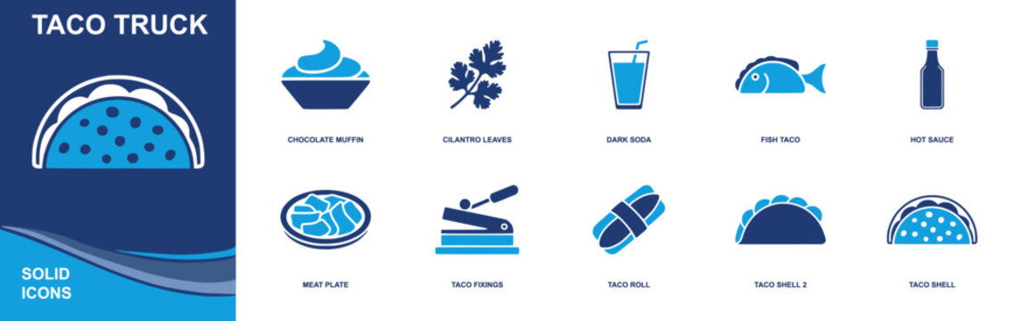 Taco truck icon set. Containing chocolate muffin, cilantro leaves, dark soda, fish taco, hot sauce, meat plate, taco fixings, taco roll, taco shell and more. Solid fill vector icons.