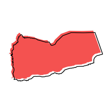 Yemen map from black contour curves lines with a red shifted silhouette on white background
