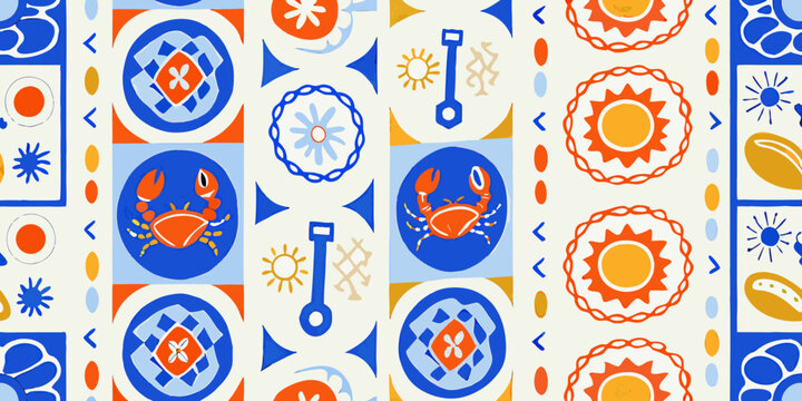 Nautical pattern with crabs keys and suns colorful vector illustration