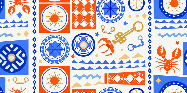 Decorative pattern with zodiac symbols and celestial elements
