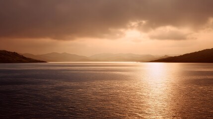 Naklejka premium Warm golden light washes over a serene ocean landscape framed by distant mountains at sunrise or sunset