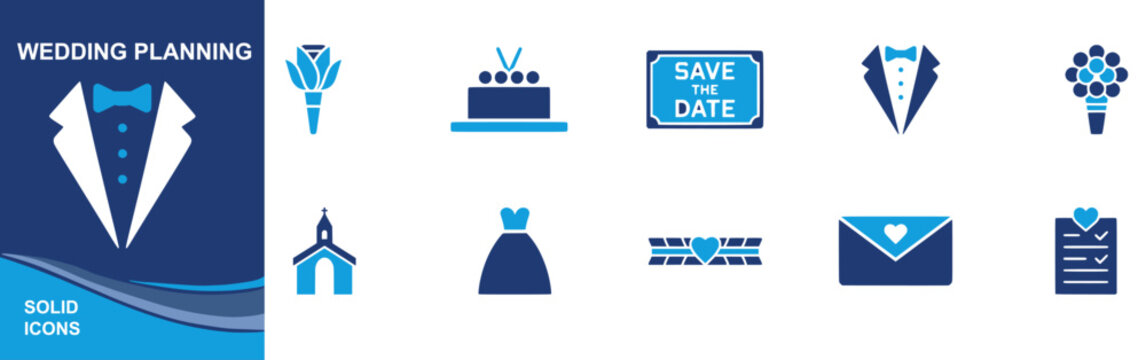 Wedding planning icon set. Containing boutonniere, cake topper, save the date card, tuxedo, bouquet, chapel, wedding dress, garter, wedding invitation and more. Solid fill vector icons.