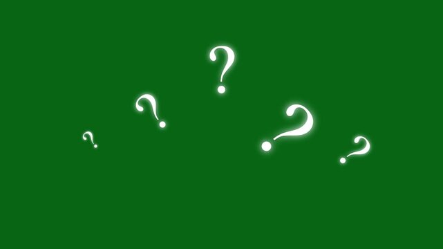 Question mark moving motion graphic on green screen background. Cartoon comic looping fly Animation, confused effect raining question mark, motion graphic doodle question mark animation. 4k video