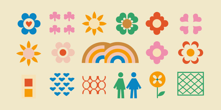 Floral and geometric pattern with rainbow people and heart shapes