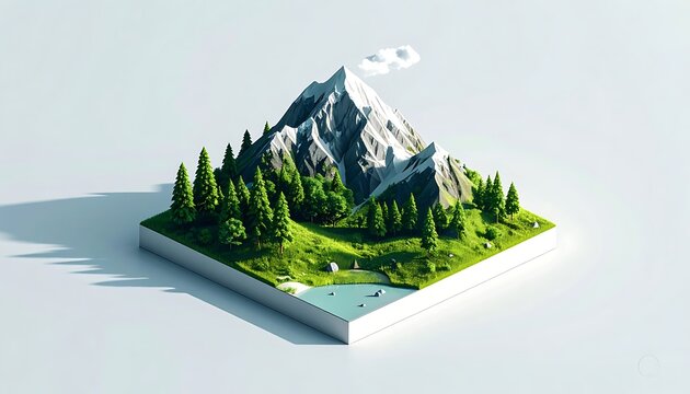 Isometric voxel diorama of a mountain landscape with pine trees, a small lake, and grassy terrain, rendered in a low-poly voxel art style, representing nature and outdoor adventure.