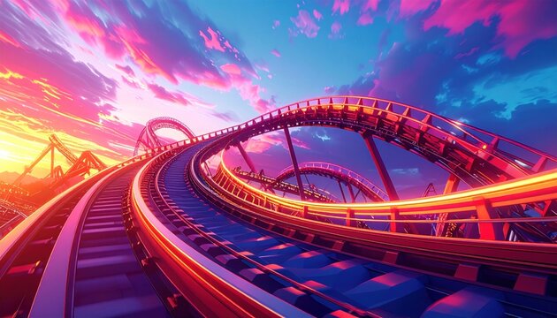 Rollercoaster track ascending towards a vibrant sunset, curved design