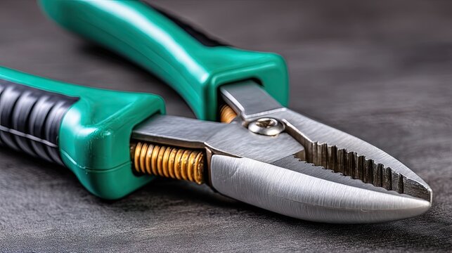 Showcasing wire cutters against a dark gray surface with natural light highlighting details of the tool's design and features