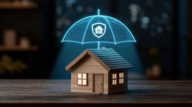 3D digital protection shield umbrella over miniature wooden house symbolizing home security safety and insurance concept on dark background with glowing effect