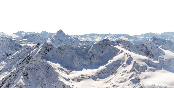 Panorama of winter mountains covered in snow isolated on white background