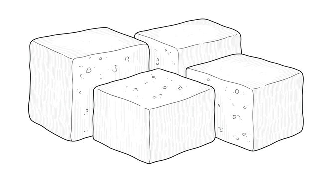 Three blocks of traditional tofu or soy bean curd in a detailed sketch style, suitable for vegan and healthy diet themes.