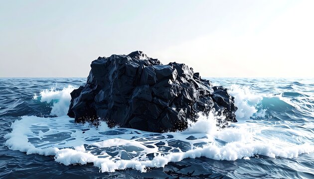 Large dark volcanic rock breaking ocean waves, powerful sea spray and swirling water against a bright sky