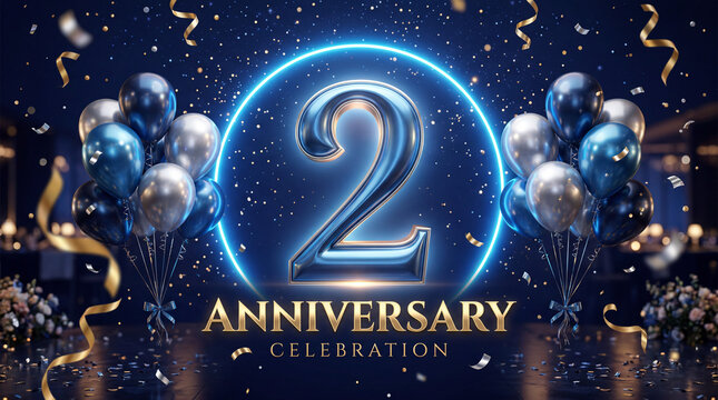 A primum 2nd anniversary celebration design with blue and silver color balloons