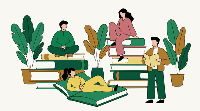 Illustration of people reading and relaxing among books and plants