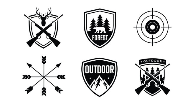 Hunting and outdoor adventure emblem set featuring deer head crossed rifles forest bear target mountain peaks and crossed arrows vintage badges.