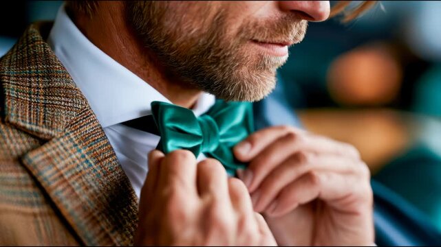 Elegant man adjusting green velvet bow tie with tweed suit, luxury fashion and formal style closeup portrait
