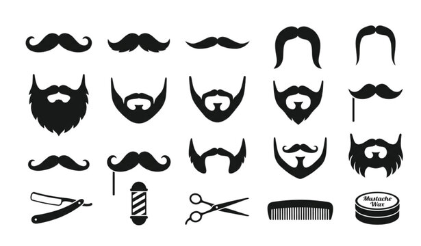 Retro mustache beard and fake disguise mask vector icon collection isolated on white