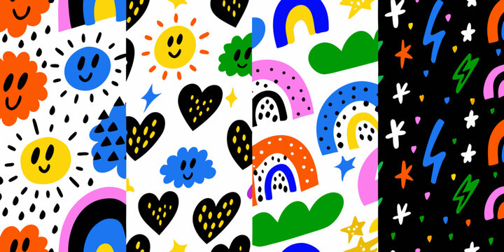 playful hand drawn pattern with suns rainbows hearts and clouds