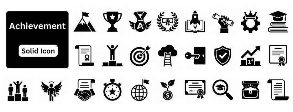 Silhouette vector of Achievement icon set. Achievement solid icon set. Loyalty and reward icon set. Gift, VIP badge, trophy, loyalty card, redeem point minimal vector illustrations.