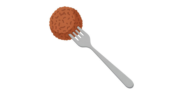 Brown Meatball or Falafel Ball Pricked on a Silver Metal Fork Isolated on White Background