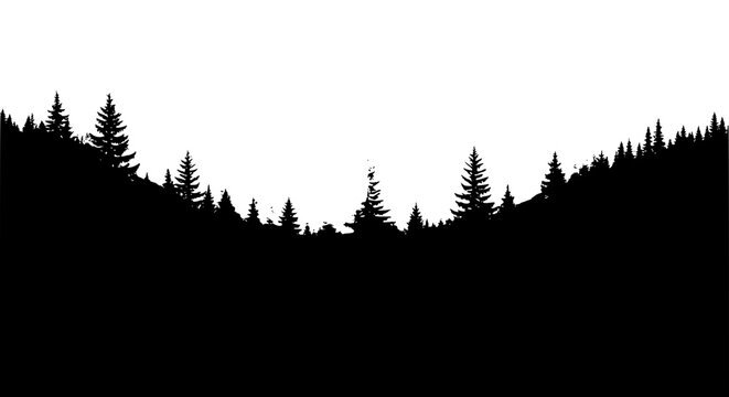 Black Pine Tree Forest Silhouette Landscape on White Background