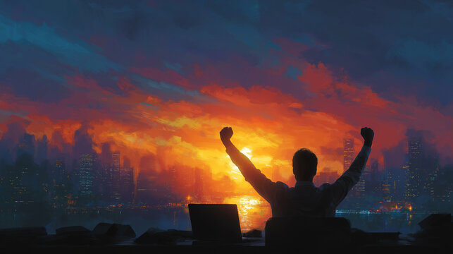 Skyward Triumph: Silhouette of a man with arms raised in victorious celebration against a stunning, vibrant sunset backdrop, laptop in foreground. 