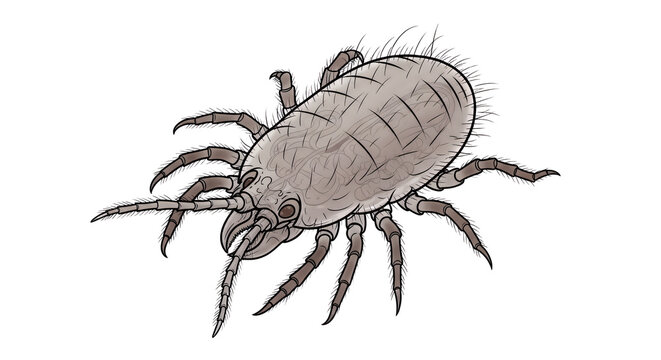 Detailed microscopic dust mite or bed bug insect pest with hairy body and pincers isolated on white background