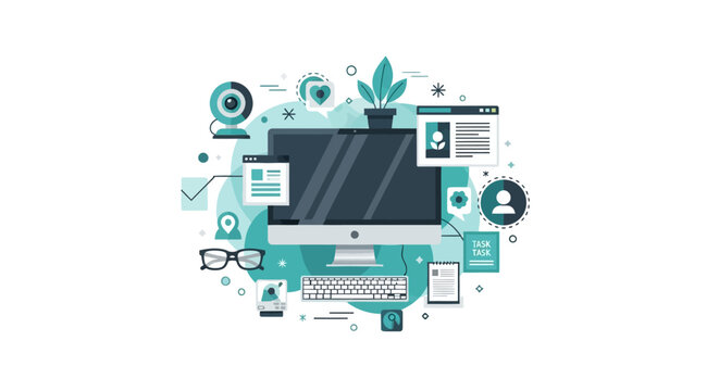 Modern Flat Design Illustration of a Digital Workspace with Computer and Communication Icons for Remote Work, Online Collaboration, and Virtual Office Concepts