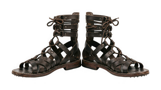 Pair of stylish black leather gladiator sandals with laces and straps for women summer fashion