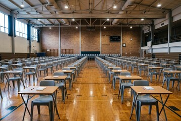 Fototapeta premium Empty school gymnasium hall set up with rows of desks and chairs for an examination
