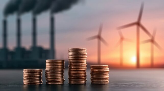 Stacked coin columns representing financial growth and investment with industrial smoke and wind turbine energy sources in the background at sunset